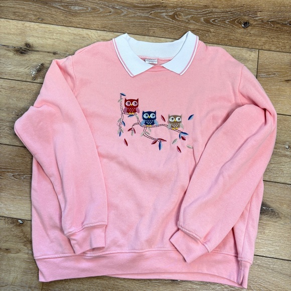 Vintage Adrian Delafield Womens XL Pink Owl Sweatshirt Collared Cottagecore EUC - Picture 11 of 14